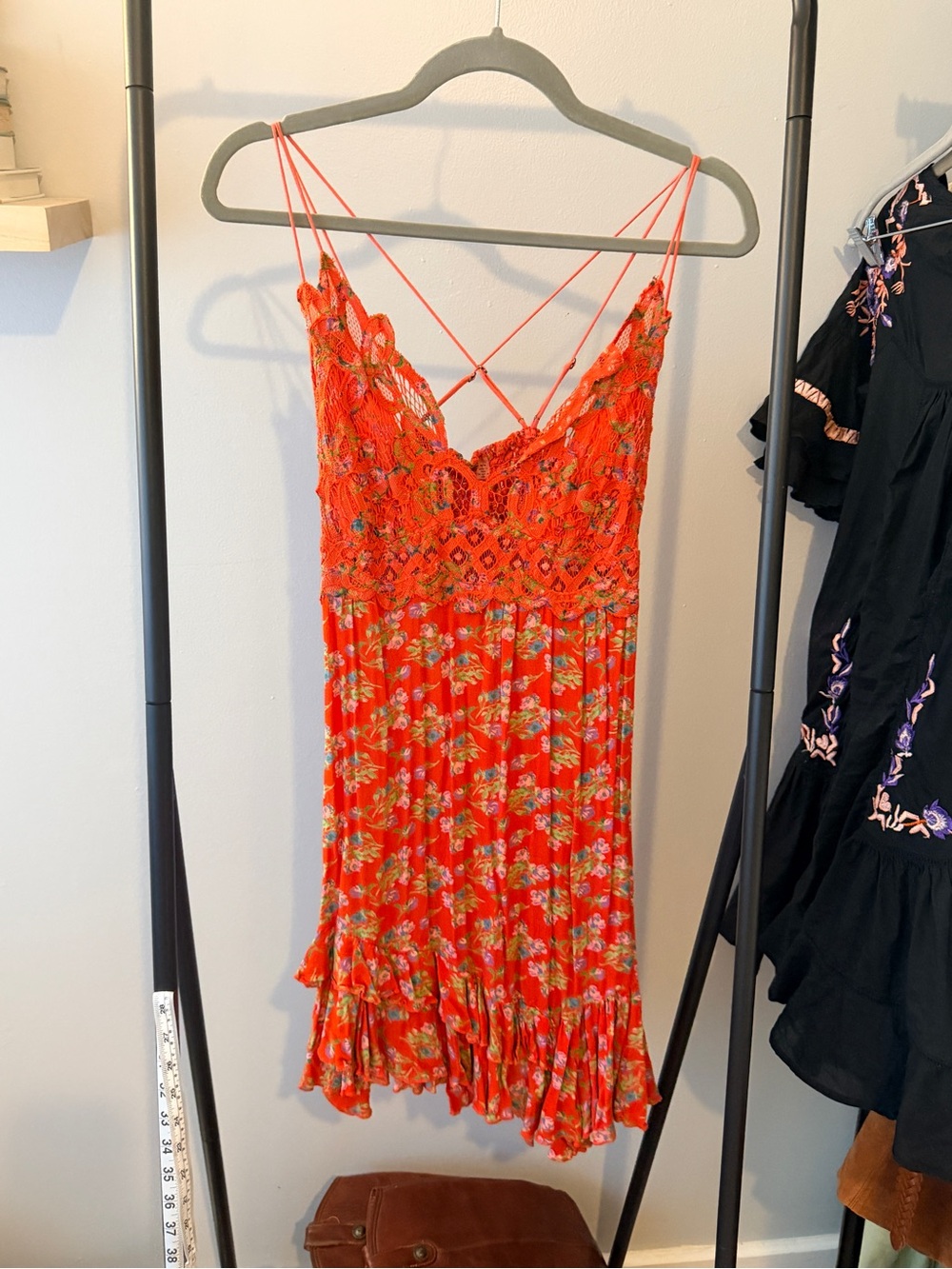 Free People Red Floral Lace-Trim Mini Dress - Picture 2 of 2